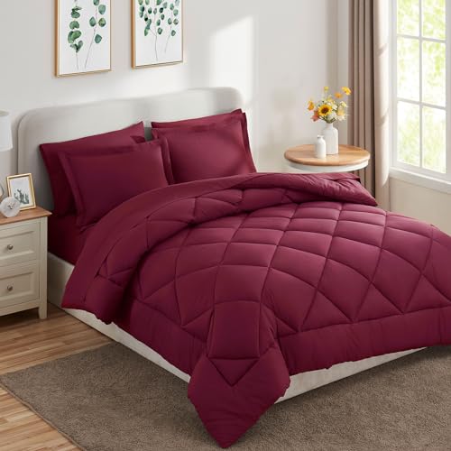 image for CozyLux King Size Comforter Set Burgundy - 7 Pieces Bed in a Bag King,