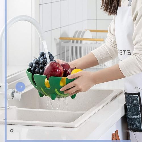 Image of Leaf Wash N Fruit Basket Green Plastic Leaf Shape Strainer Serving Bowl | Multipurpose Fruit & Vegetable Washer, Storage Decorative Tray | Space-Saving Stackable Design, 34x27x11 cm