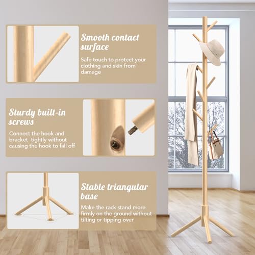 OUTGAVA Wooden Coat Rack Freestanding with 8 Hooks,Easy Assembly New Zealand Pine Tree Coat Racks, 3 Adjustable Sizes for Clothes, Hats, Bags, for Entryway, Hallway, Bedroom, Office(Nature)