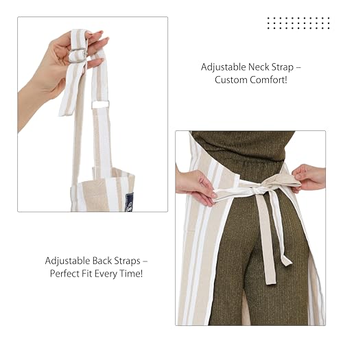 Image of Encasa XO Cotton Cooking kitchen Apron for Women and Men chef apron With adjustable neckstrap, Pocket & Towel Holder for Easy cooking, Baking, BBQ, Gardening- Franca Beige Stripes, 68x85 cm