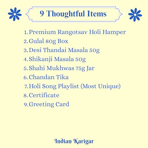 Image of Indian Karigar Rangotsav Box 2026 | 9 Inclusions | Holi Gulal for Holi Colour 80g | Thandai Powder + Shikanji Powder + Mukhwas & More | Organic Skin Safe Holi Colors With Certificate & Greeting Card | Herbal Gulal Holi Gift Hampers (Rangotsav Holi Gifts)