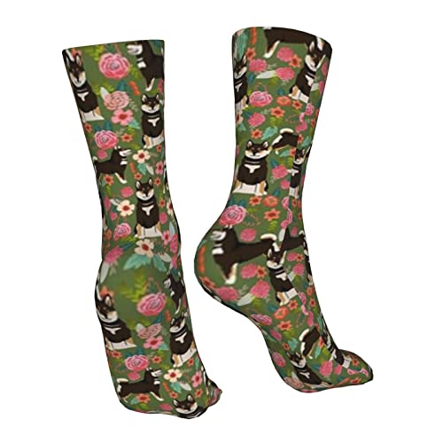 Vgjnfdzc Shiba Inu Black Tan Dog Cute Shiba Inu Pet Portrait Florals Green Flowers Mens Cotton Athletic Crew Socks Women's Sport Running Socks Calf Socks Performance Cushioned Breathable #TOP2