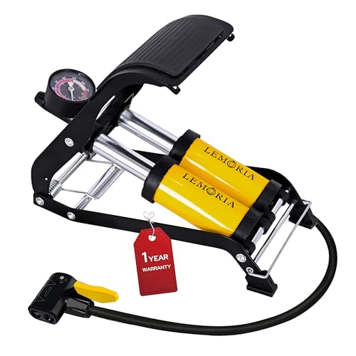 LEMORIA Manual air Pump for car tyre and Bike 160 PSI Double Cylinder Portable Foot Pump air tyre Inflator for car Bike and Cycle with Pressure Gauge, 1 Year Warranty, Yellow LEMORIA Manual air Pump for car tyre and Bike 160 PSI Double Cylinder Portable Foot Pump air tyre Inflator for car Bike and Cycle with Pressure Gauge, 1 Year Warranty, Yellow