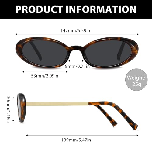 Fozono Retro Oval Sunglasses for Women,Trendy Cat Eye 90s Small Sunnies Narrow Shades UV Protection Tortoise Frame/Grey Lens — view 5
