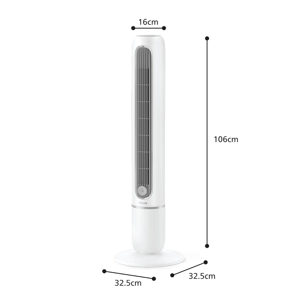 Philips Wentylator kolumnowy serii 5000. Mocny 8,1 m/s, a jednocześnie ultracichy 24 dB(A), niskie zużycie energii, 5 ustawień prędkości, tryb nocny, timer do 9 godz., oscylacja 80° (CX5550/00)
