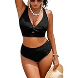 Women High Waisted Bikini Sets, Two Piece Swimsuit Tummy Control, Textured Bathing Suits for Women (UK, Alpha, L, Regular, Regular, Black)