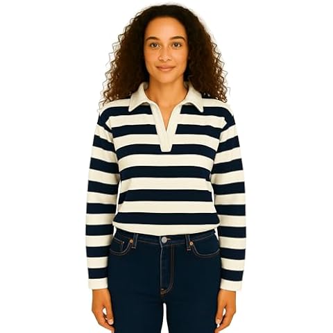 Boomca Casual Women's Striped Long Sleeve Polo Shirt Cover