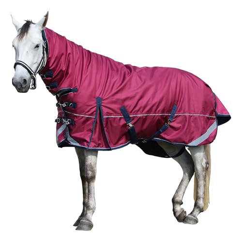 Gallopoff 1680D Winterdecke Pferd 300g/m² mit Halsteil – Gefütterte, Wärmende, wasserdichte & Atmungsaktive Pferdedecke, Robuste Outdoordecke für kalte Tage Rot 150 cm