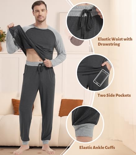 Image of NACHILA Mens Pajamas Set Long Sleeve Henley Sleepwear Top Soft Jogger Pants Pajamas Cool Pjs Set,Viscose Made from Bamboo