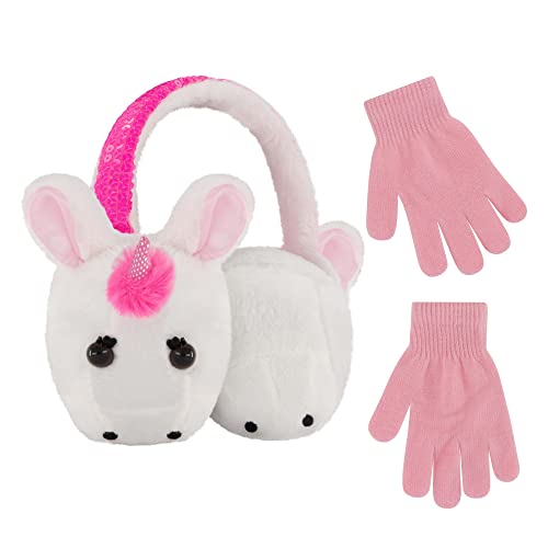 Cudlie Poochie Kids Knit Gloves & Ear Muffs For Girls, Unicorn Ear/Hand Winter Warmers, Girls Earmuffs & Stretch Gloves/White #TOP15