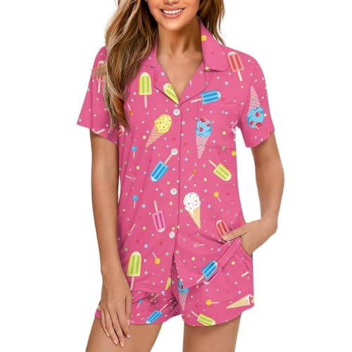 Image of Women's Short Sleeve Sleepwear Button 2 Piece Plus Size Pajamas Casual Soft Stretchy Funny Nightwear with Pockets