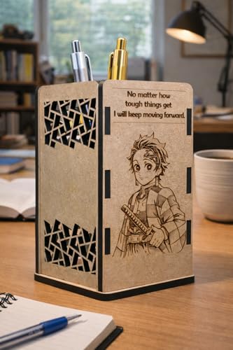 Image of Tanjiro Kamado Wooden Pen Stand | Anime Pencil Holder for Study Table | Demon Slayer Desk Accessories