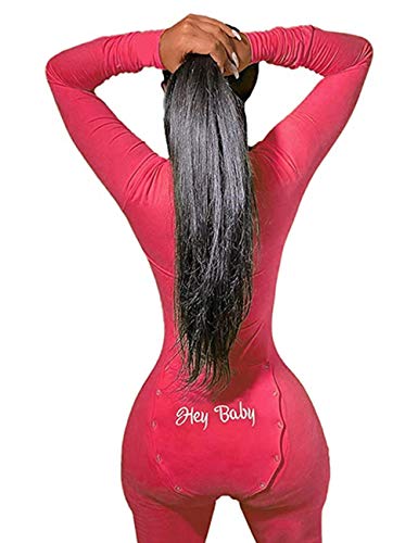 Huyghdfb Womens Butt Button Back Flap Jumpsuit Pajamas V Neck Long Sleeve One Piece Bodycon Rompers Onesies (Red, S)