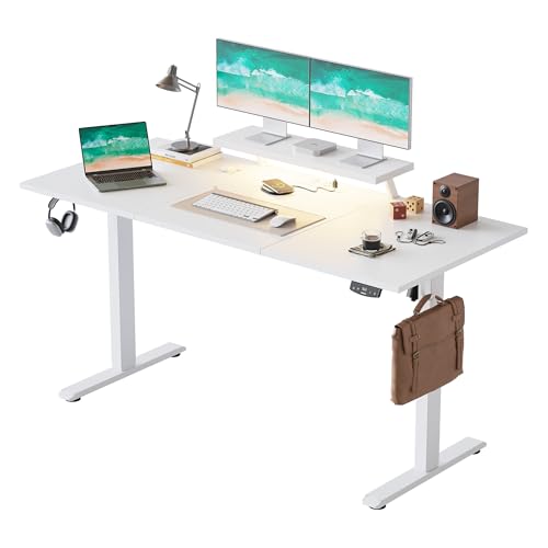 Agilestic Biurko z regulacją wysokości z elastycznym stojakiem na monitor | Biurko elektryczne 160 x 60 cm, listwa świetlna LED, gniazdo USB, 2 miejsca do przechowywania, do domowego biura, białe