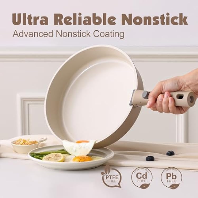 SENSARTE 17 Piece Ceramic Pots and Pans Set, Nonstick Detachable Handle Cookware, Induction Kitchen Cookware Set with Removable Handle, Dishwasher & Oven Safe (Almond Beige)