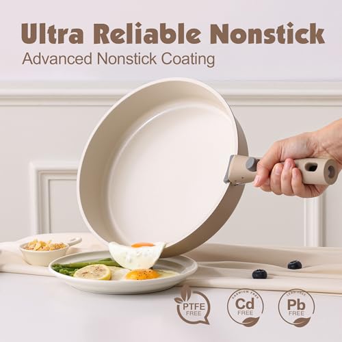 SENSARTE 17 Piece Ceramic Pots and Pans Set, Nonstick Detachable Handle Cookware, Induction Kitchen Cookware Set with Removable Handle, Dishwasher ＆ Oven Safe (Almond Beige) by SENSARTE - Image 4