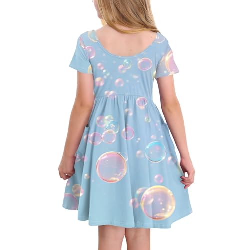 Girls Summer Cute Print Dress with Pockets Short Sleeve Casual Sundress for Kids, Ages 2-143