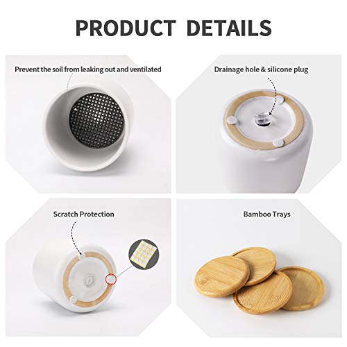 Omaykey 4 Inch Ceramic Plant Pot With Bamboo Saucer, White Planters Pots With Drainage Hole And Mesh Pads For Succulent, Indoor Flowers, Snake Plants, Cactus, Herbs - Set Of 4 (Plant Not Included) #TOP2