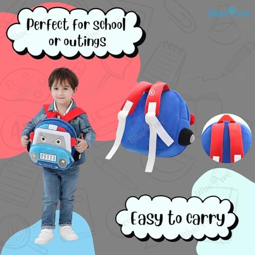 blue tree School Bag for Cute Kids for (1-6 Years), Embroidery Soft Plush Police Van Blue Bag for Toddlers, Cartoon Backpack for Baby Boys and Girls - Image 5