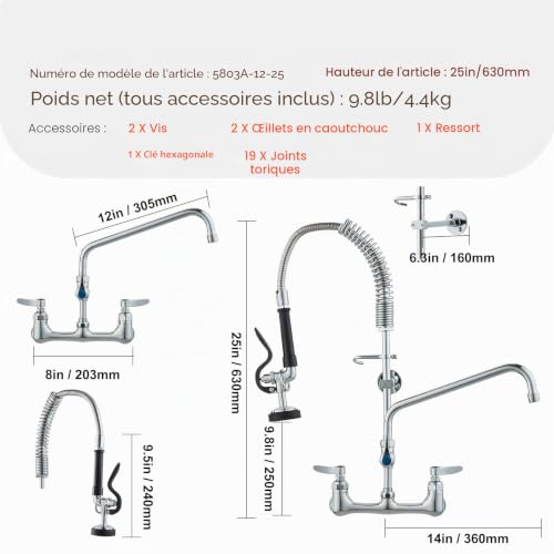 VEVOR Robinet cuisine commercial pulvérisateur pré rinçage 630 mm mural. - vue 9