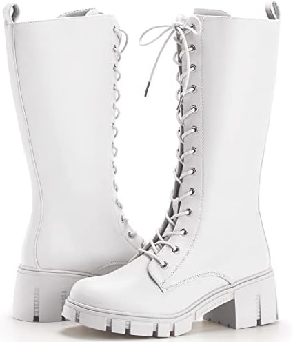 TINSTREE Combat Boots for Women Chunky Heel,Women's Knee High Platform Boots Buckle Leather Combat Lace Up Booties,Side Zip-up Mid-Calf Boots White,9