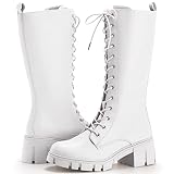 TINSTREE Platform Chunky Heel Boots for Women, Women's Knee High Platform Boots Buckle Leather Comba