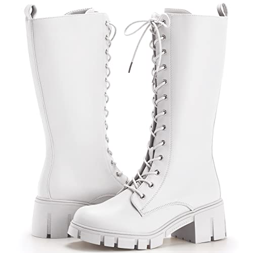 Tinstree Platform Chunky Heel Boots For Women, Women's Knee High Platform Boots Buckle Leather Combat Lace Up Booties,Side Zip-Up Mid-Calf Boots White,11 #TOP24