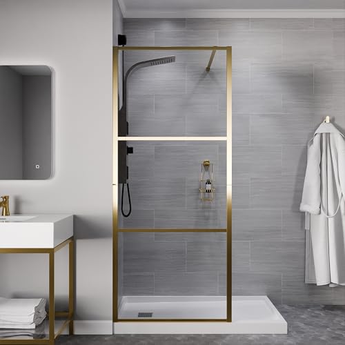 ANZZI Series 34 in. x 78 in. Fixed Frameless Shower Door in Brushed Gold with Tsunami Guard Tempered Clear Glass