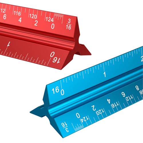 Rena Chris 2PCS Architectural Scale Ruler: 12" Imperial Aluminum Alloy Metal Architecture Measuring Tools, Engineering Drafting Construction Drawing Blueprints Triangular Architect Scaling Rulers