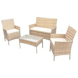 SVITA Brooklyn Gartenlounge 4-teilig Polyrattan Lounge Set wetterfest Garten Terrasse Balkon inkl. Kissen Glas Tisch Beige