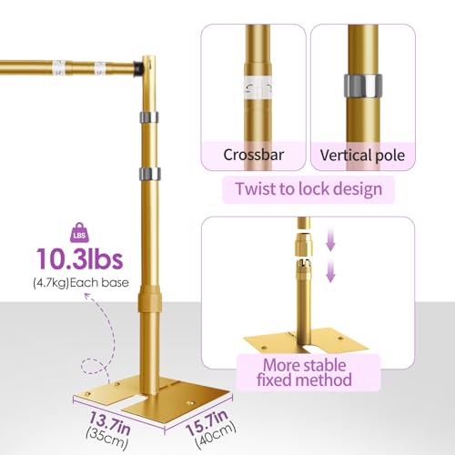 12x10 Three Crossbar Pipe and Drape Stand Kit, Heavy Duty Backdrop Stand Adjustable, Sturdy Metal Back Drop Decoration Frame with Flat Base for Parties, Wedding,Trade Shows, Photo Shoot - Gold by Fotoumgl - Image 5