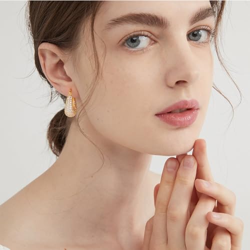 Gold Huggie Hoop Earrings 14K Gold Plated Dainty Chunky Thick Hoop Diamond Cubic Zriconia Inlay Sleeper Tiny Delicate Boho Beach Simple Hypoallergenic Jewelry Gift for Her2