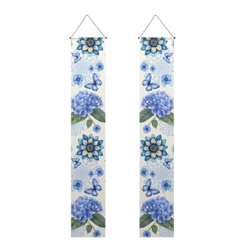 Luarisgur Hydrangea Butterfly Front Door Hanging Banner Winter Porch Sign Hanging Flag Porch Sign for Front Door Outdoor Seasonal Holiday Wedding Yard Decor Farmhouse Indoor Wall Backdrop