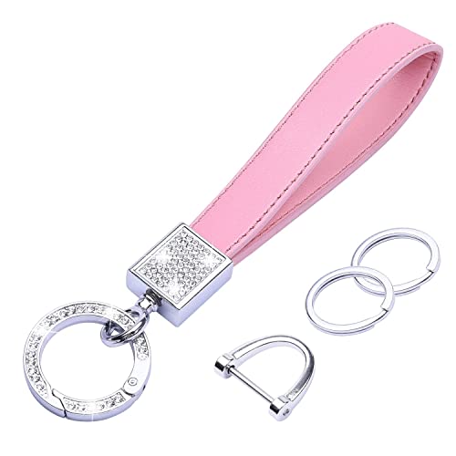 Wisdompro Bling Leather Car Keychain, Universal Genuine Leather Key Fob Keychain Key Chain Holder Accessories With Sparkly Rhinestones, Anti-Lost D-Ring And 2 Key Rings For Men And Women - Pink #TOP16