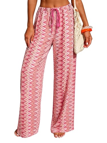 Image of ZAFUL Womens Beach Cover Up Pants Sexy Crochet Drawstring Elastic Boho Swimsuit Cover Up Long Pants Beach Wear