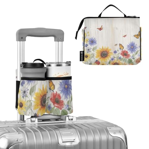 Image of Luggage Cup Holder for Suitcases Free Hands Suitcase Cup Holder Travel Luggage Drink Holder Portable Luggage Cup Caddy Bag Carrier with Handle Watercolor Cornflower Butterfly