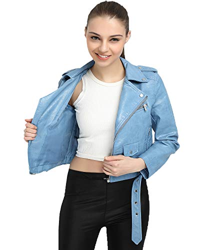 Ly Varey Lin Women's Faux Leather Motorcycle Jacket Pu Slim Short Biker Coat (S, Blue) #TOP1