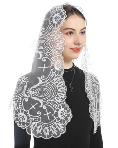 Bozidol Church Mantilla Catholic Veil: White Sacred Heart Embroidered Lace Chapel Veils Latin Mass Head Coverings for Women - Thumbnail 3