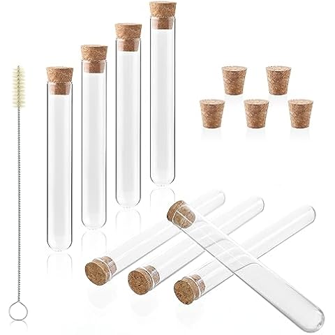 LABINVO 10ml Glass Test Tubes with Cork Stoppers and Brush, Round Bottom, Thickness 1.0-1.2, 15x100mm, Pack of 50, for Plants, Bath Salts, Party Decoration, Scientific Experiments, IN-TTS02 Cover
