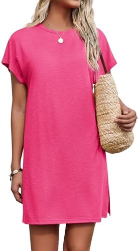 AI’MAGE Women’s Coverup Short Sleeve T-Shirt Dress Casual Side Slit Loose Fit Knee Length Beach Mini Dress S-XXL