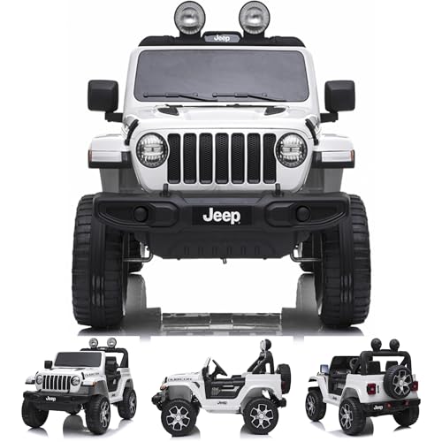 PEKECARS Todo o-o-terreno elétrico para crianças Jeep Wrangler Rubicon 12 V cor branca. Todo o-terreno infantil, 4 x 4, com ecrã MP4, assento forrado em couro sintético, rodas de borracha, 4 motores