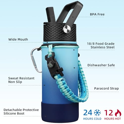 Image of BJPKPK 18oz Insulated Water Bottle with 3 Lids, Straw Lid & Handle