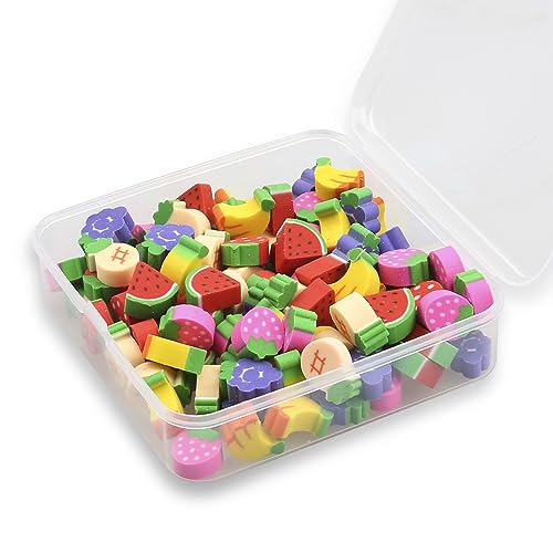 Rumyve 100 Pcs Mini Cube Erasers - Cute Animal and Fruit Shaped Pencil Erasers for Students, Party Gifts, Classroom Rewards (Fruits)