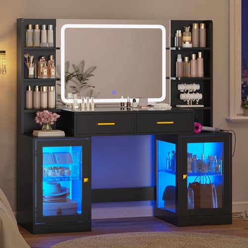 ADORNEVE Makeup Vanity with Mirror & Lights, RGB Cabinets, Vanity Desk with 2 Glass Top Drawers & Power Outlet, for Teen Girls, Women, Black