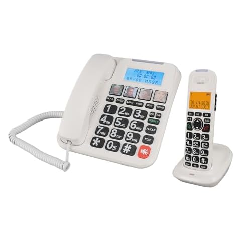 Corded Cordless Phone Combo, Expandable Corded Cordless Phone System with Answering Machine One Touch Call Blocking Big Buttons Phone with 2 Handsets (White) Cover