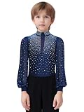 FEESHOW Jungen Turnanzug Langarm Glitzer Strass Latein Tanz Hemd Body Ballett Trikot Mit Stehkragen Kinder Ballsaal Modern Dancewear Navy blau 110-116