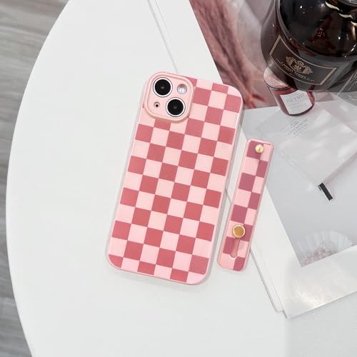 NITITOP Compatible with iPhone 15 Plus Case with Wrist Strap Kickstand Cute Trendy Checkerboard Plaid for Women Girls Slim Fit TPU Silicone Shockproof Full Camera Protective Cover - Pink by NITITOP - Used condition - Image 4