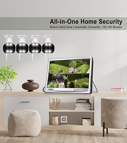 [2-way Audio / Color Night Vision] SANSCO 3TB Wireless CCTV Security Camera Systems | 12" Monitor 8CH NVR, (4) 3MP Outdoor WiFi IP Cameras, Built-in Mic/Speaker/Alarm Siren, Human Detection, Instant Phone Push Alerts