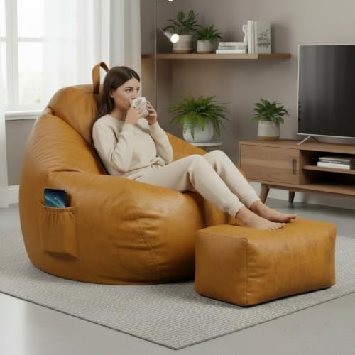 Image of KAM'S LIEU 5XL Premium Imported Suede Bean Bag Chair with Footrest & Cushion | Filled with High Density Polystyrene Beans | Premium Soft Fabric | Ready to Use Color- (Yellow, 5XL)