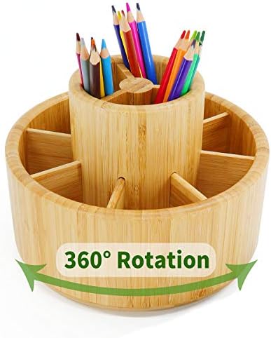 Utoplike Bamboo Rotating Art Supply Desk Organizer,Pencil Holder Organizer, Desktop Storage Caddy for Pen,Colored Pencil,Crayon,Paint Brushes,Art Studio&Office